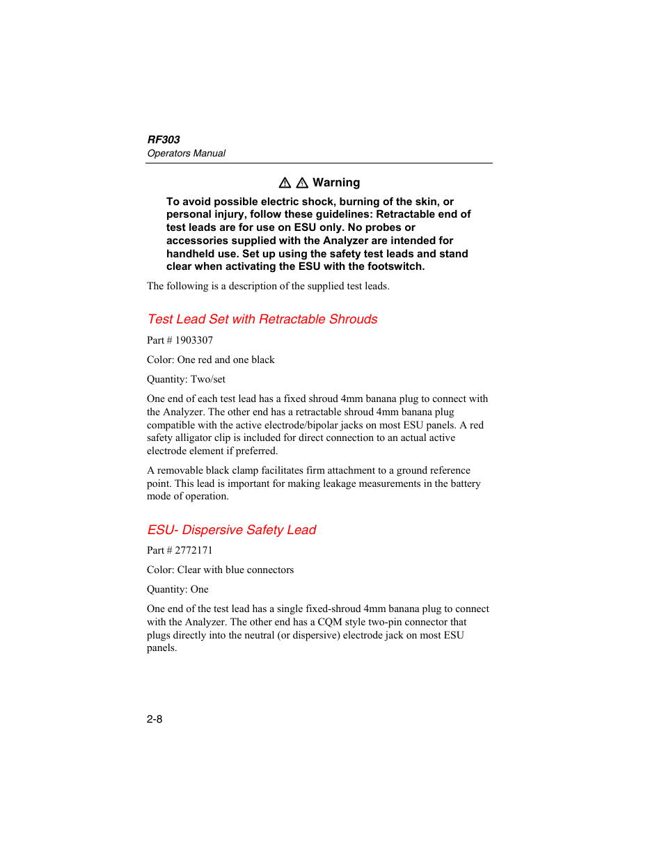 Test lead set with retractable shrouds, Esu- dispersive safety lead | Fluke Biomedical RF303 User Manual | Page 32 / 70