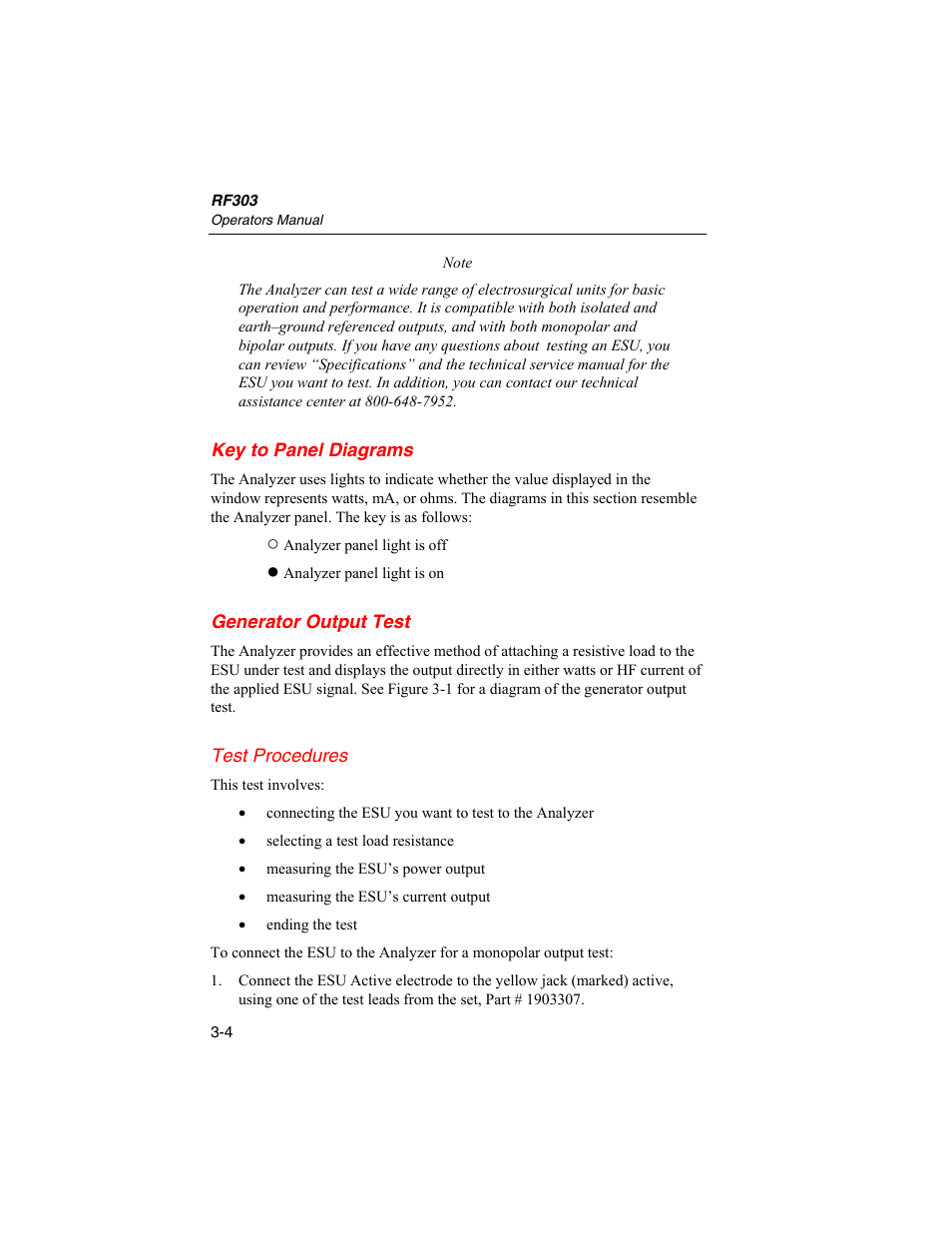 Key to panel diagrams, Generator output test | Fluke Biomedical RF303 User Manual | Page 40 / 70