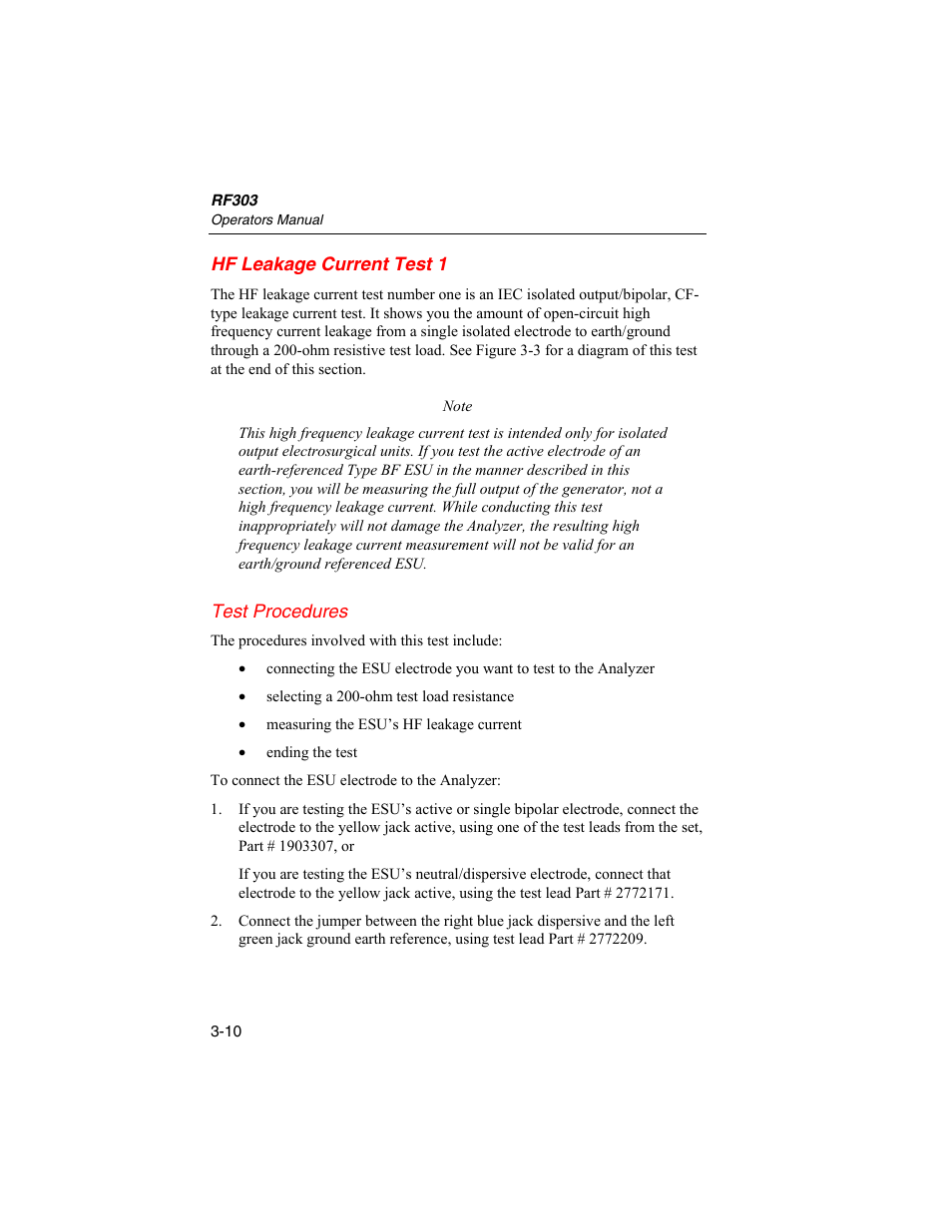 Hf leakage current test 1 | Fluke Biomedical RF303 User Manual | Page 46 / 70