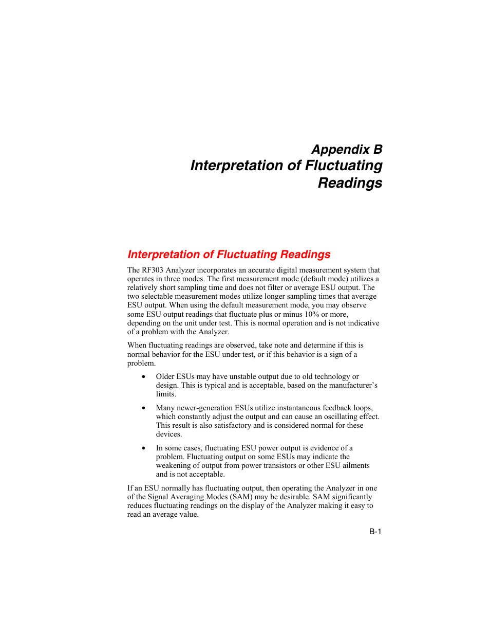 Interpretation of fluctuating readings, Appendix b | Fluke Biomedical RF303 User Manual | Page 67 / 70