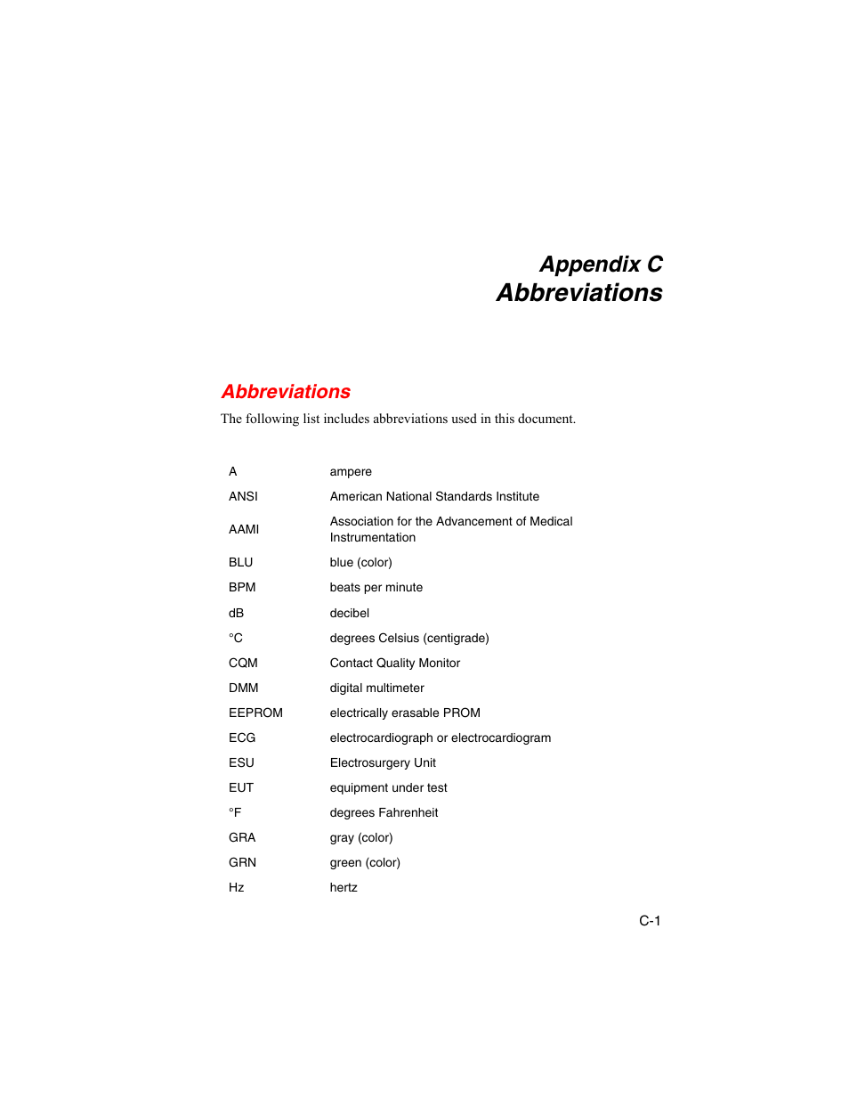 C. abbreviations, Abbreviations, Appendix c | Fluke Biomedical RF303 User Manual | Page 69 / 70