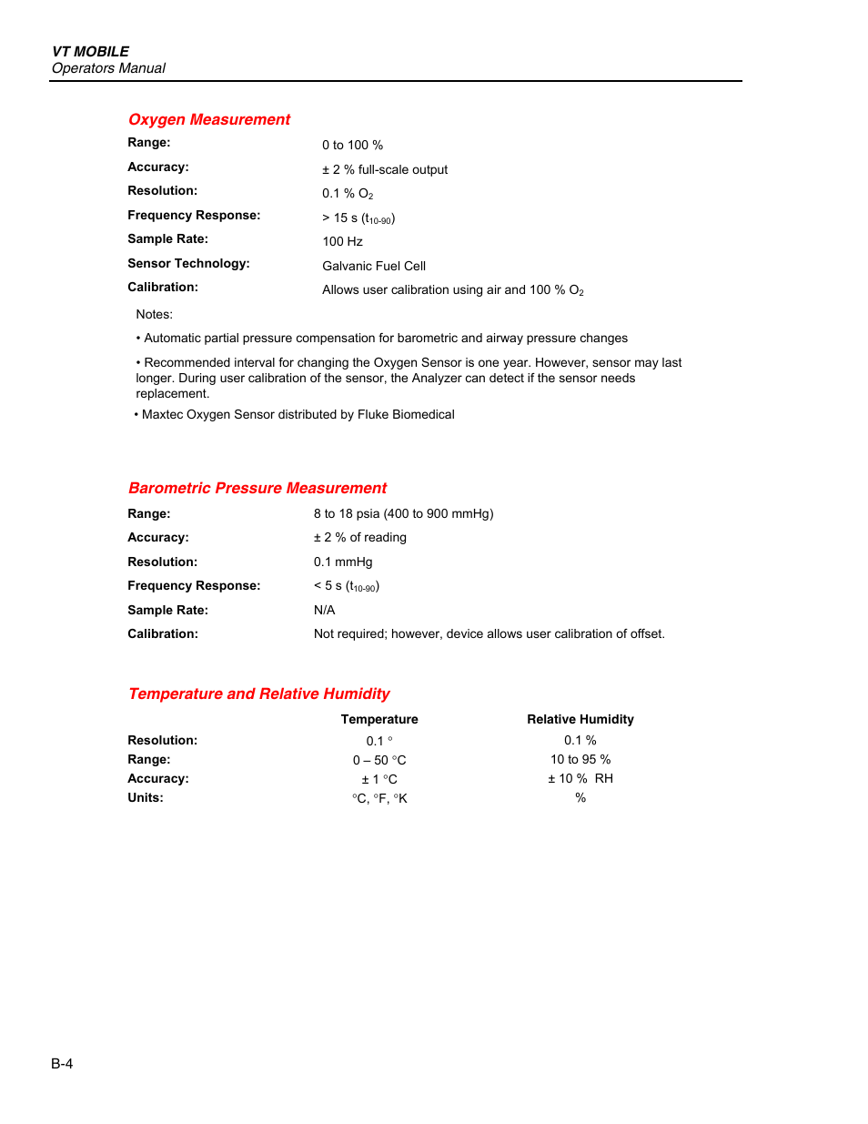 Oxygen measurement, Barometric pressure measurement, Temperature and relative humidity | Fluke Biomedical VT Mobile User Manual | Page 102 / 104