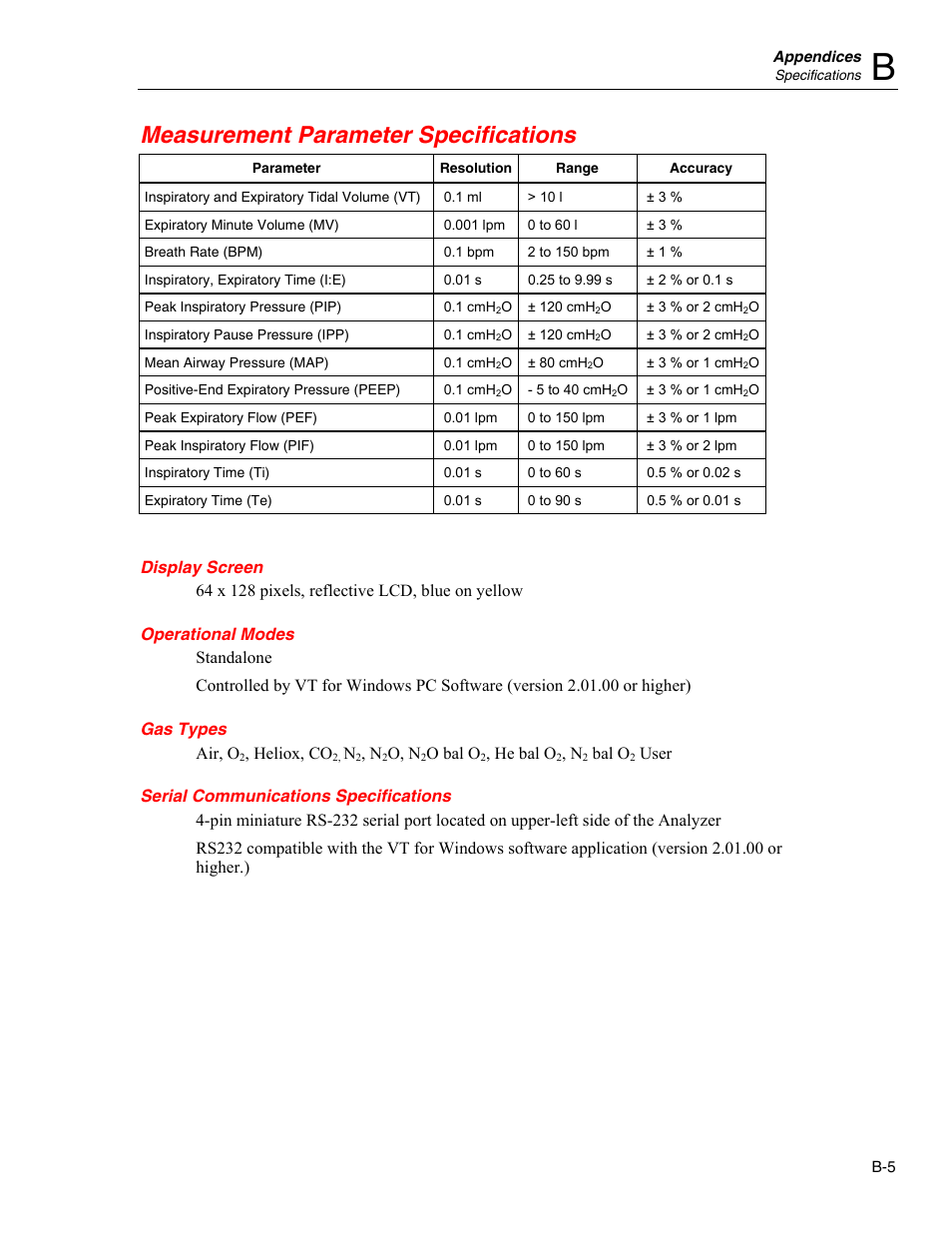 Measurement parameter specifications, Display screen, Operational modes | Gas types, Serial communications specifications | Fluke Biomedical VT Mobile User Manual | Page 103 / 104