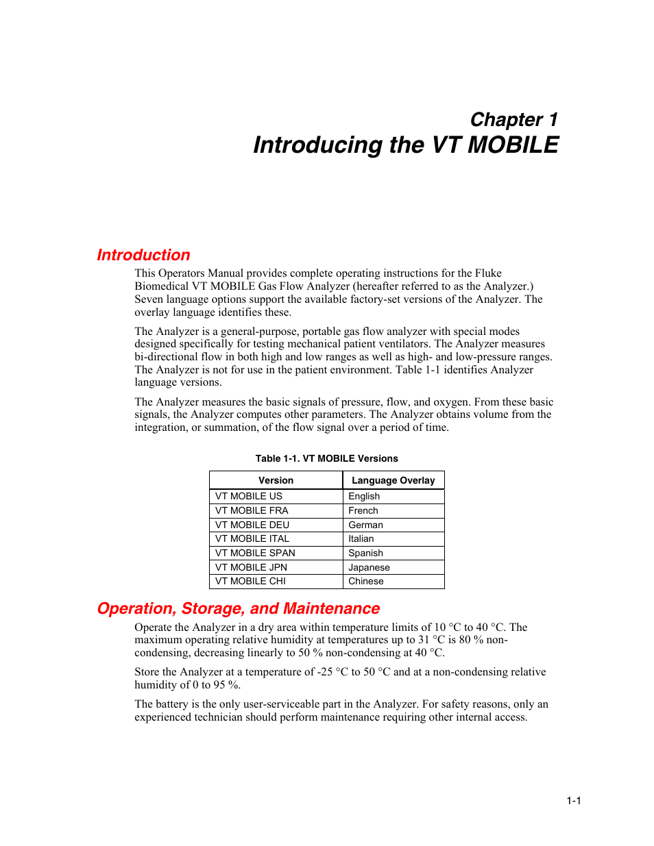 Introducing the vt mobile, Introduction, Operation, storage, and maintenance | Chapter 1 | Fluke Biomedical VT Mobile User Manual | Page 13 / 104