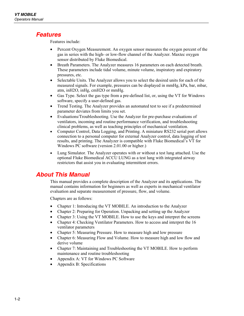 Features, About this manual | Fluke Biomedical VT Mobile User Manual | Page 14 / 104