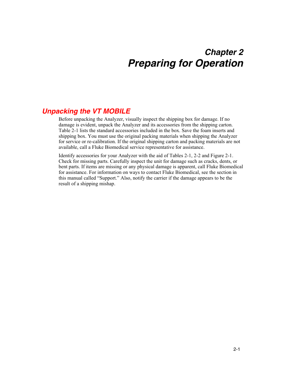 Preparing for operation, Unpacking the vt mobile, Chapter 2 | Fluke Biomedical VT Mobile User Manual | Page 15 / 104