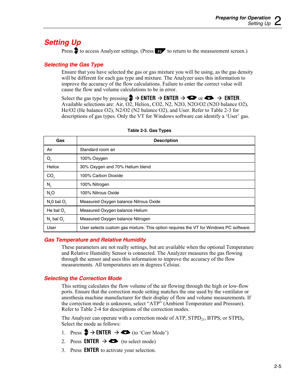 Setting up, Selecting the gas type, Gas temperature and relative humidity | Selecting the correction mode | Fluke Biomedical VT Mobile User Manual | Page 19 / 104