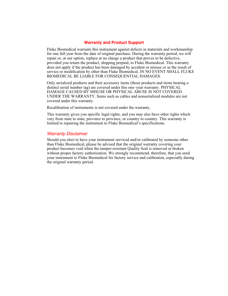 Warranty and product support | Fluke Biomedical VT Mobile User Manual | Page 2 / 104