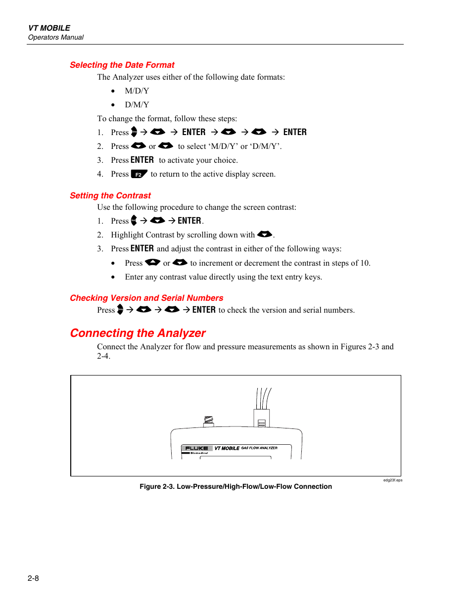 Selecting the date format, Setting the contrast, Checking version and serial numbers | Connecting the analyzer | Fluke Biomedical VT Mobile User Manual | Page 22 / 104