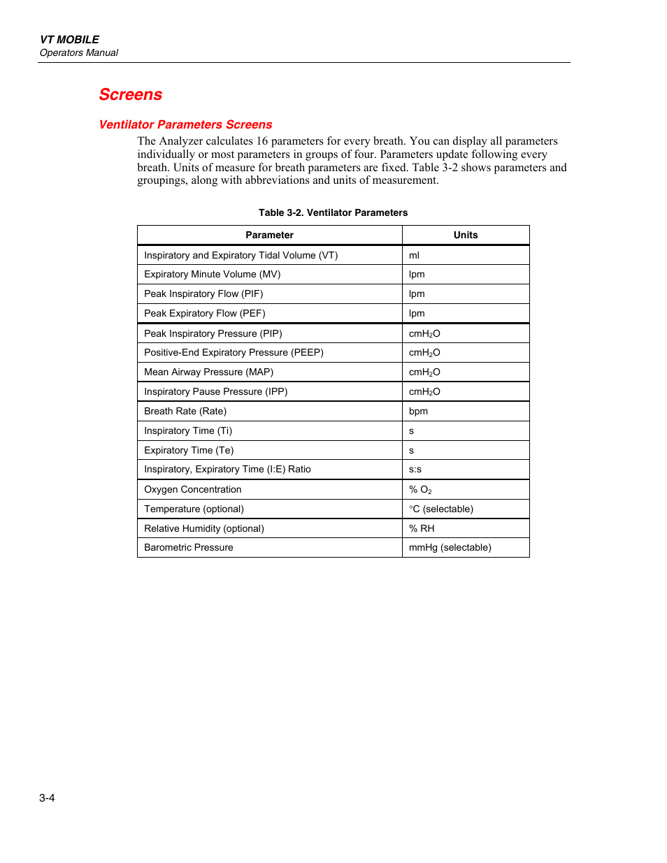 Screens, Ventilator parameters screens | Fluke Biomedical VT Mobile User Manual | Page 28 / 104