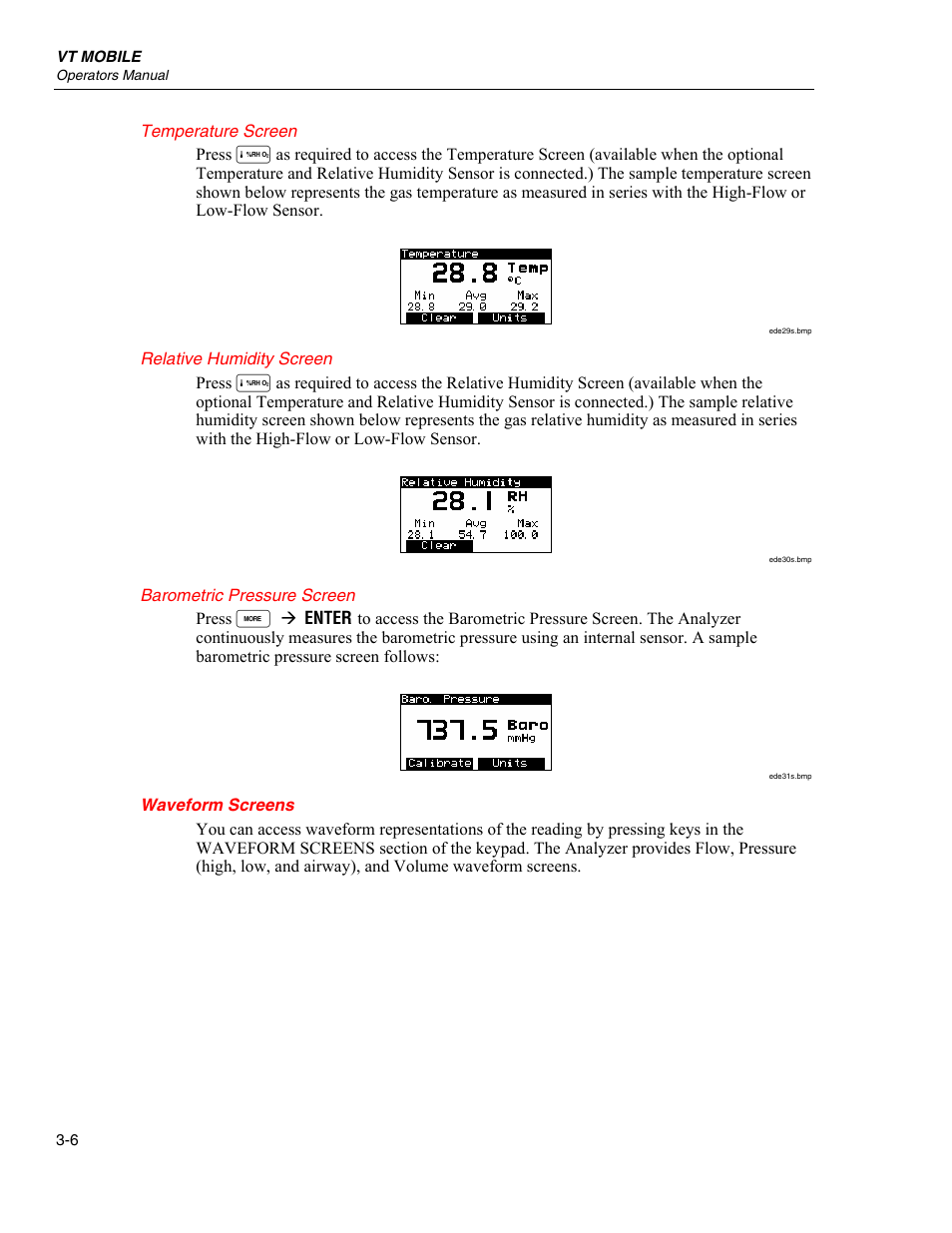 Temperature screen, Relative humidity screen, Barometric pressure screen | Waveform screens | Fluke Biomedical VT Mobile User Manual | Page 30 / 104