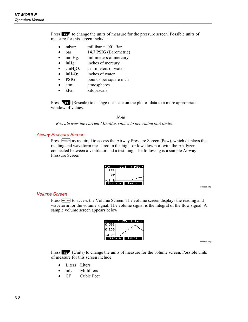 Airway pressure screen, Volume screen | Fluke Biomedical VT Mobile User Manual | Page 32 / 104