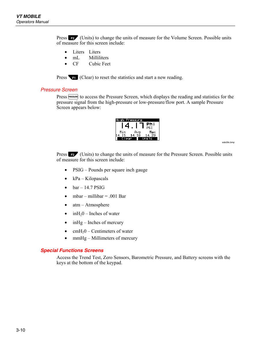 Pressure screen, Special functions screens | Fluke Biomedical VT Mobile User Manual | Page 34 / 104