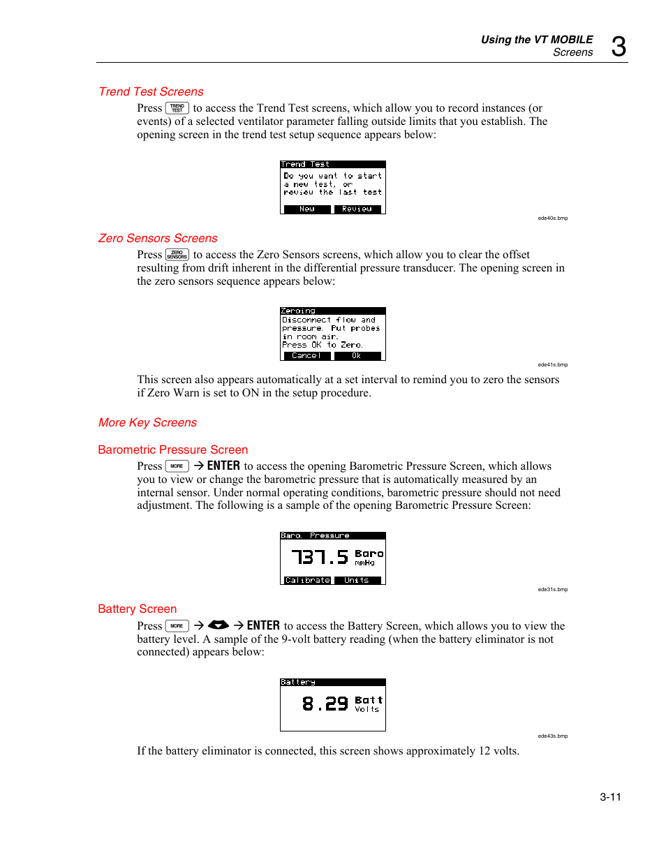 Trend test screens, Zero sensors screens, More key screens | Fluke Biomedical VT Mobile User Manual | Page 35 / 104