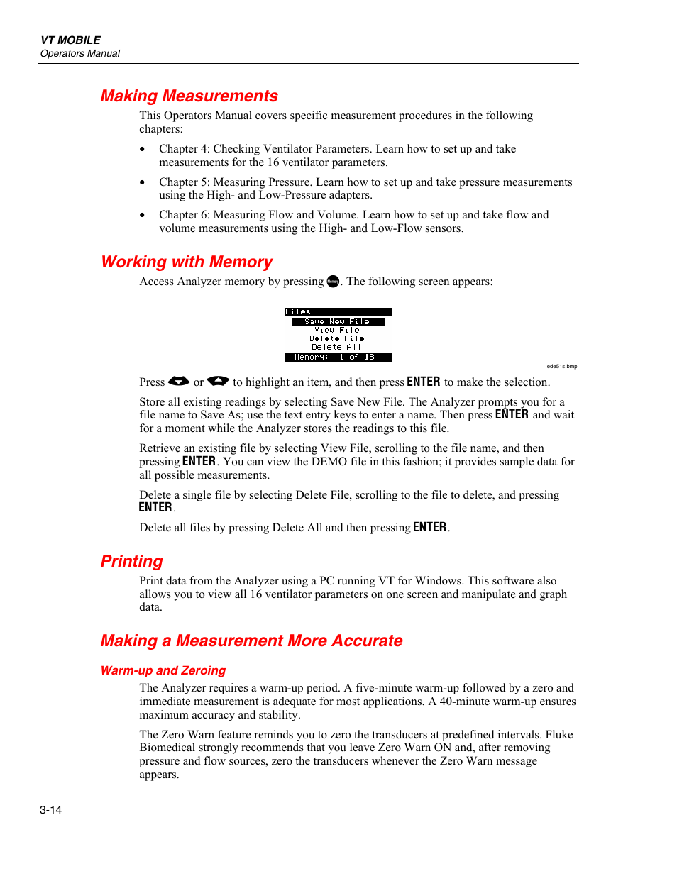 Making measurements, Working with memory, Printing | Making a measurement more accurate, Warm-up and zeroing | Fluke Biomedical VT Mobile User Manual | Page 38 / 104