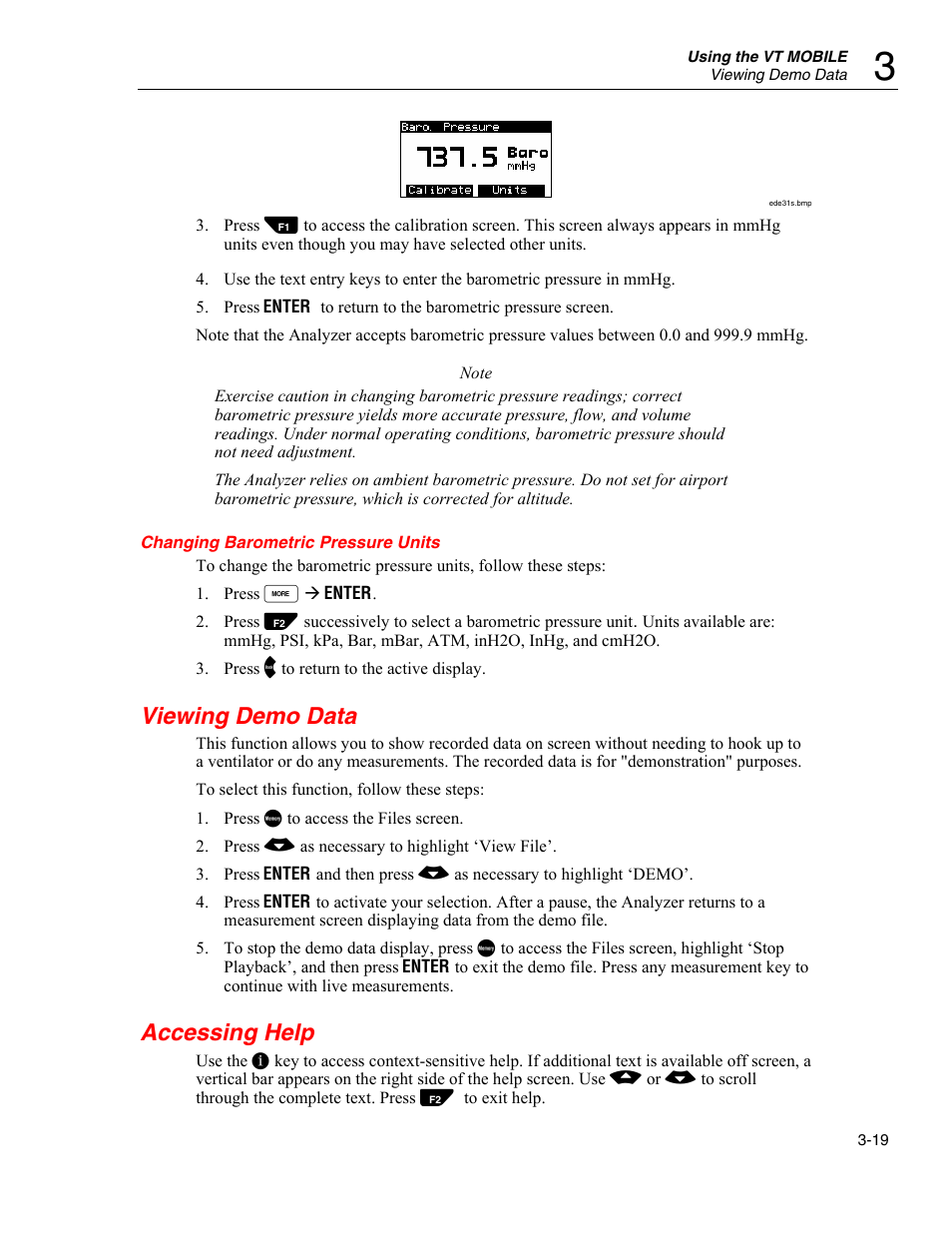 Changing barometric pressure units, Viewing demo data, Accessing help | Fluke Biomedical VT Mobile User Manual | Page 43 / 104