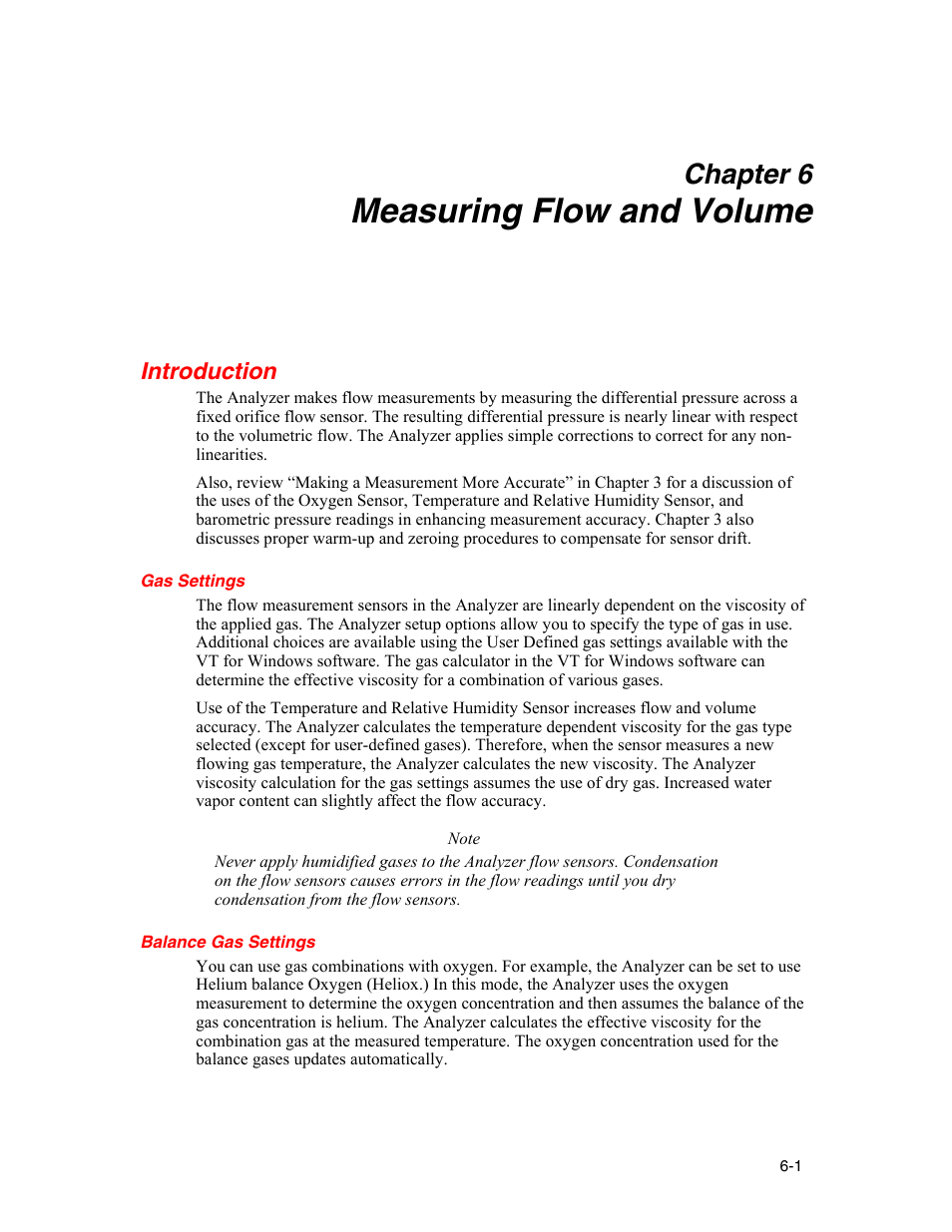 Measuring flow and volume, Introduction, Gas settings | Balance gas settings, Chapter 6 | Fluke Biomedical VT Mobile User Manual | Page 55 / 104