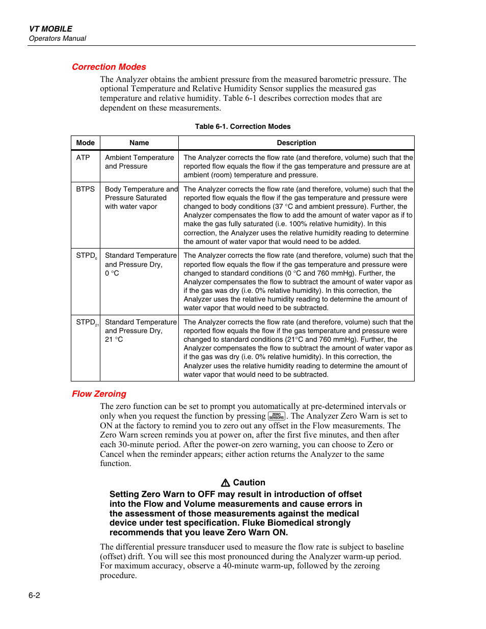 Correction modes, Flow zeroing | Fluke Biomedical VT Mobile User Manual | Page 56 / 104