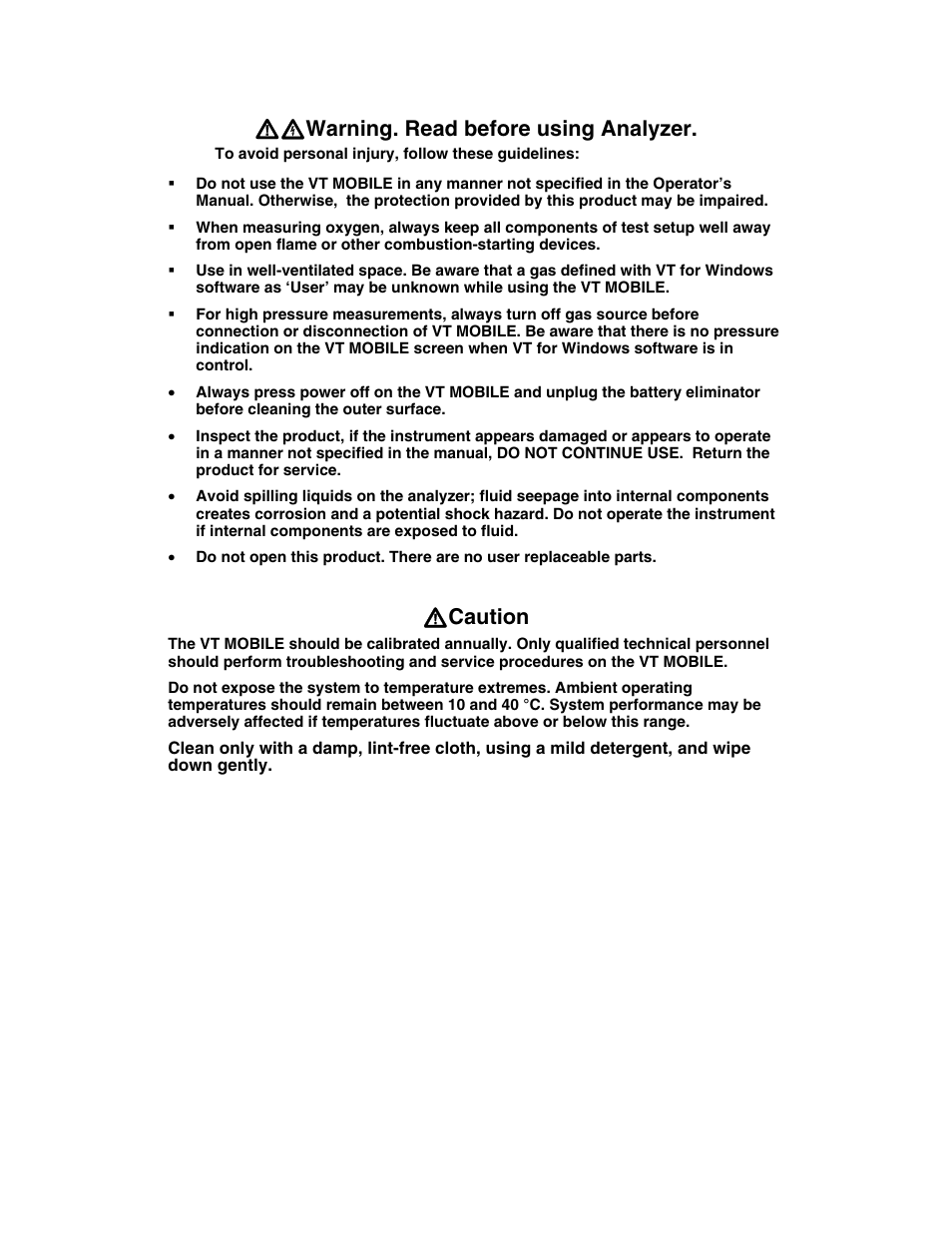 Wx warning. read before using analyzer, Wcaution | Fluke Biomedical VT Mobile User Manual | Page 6 / 104