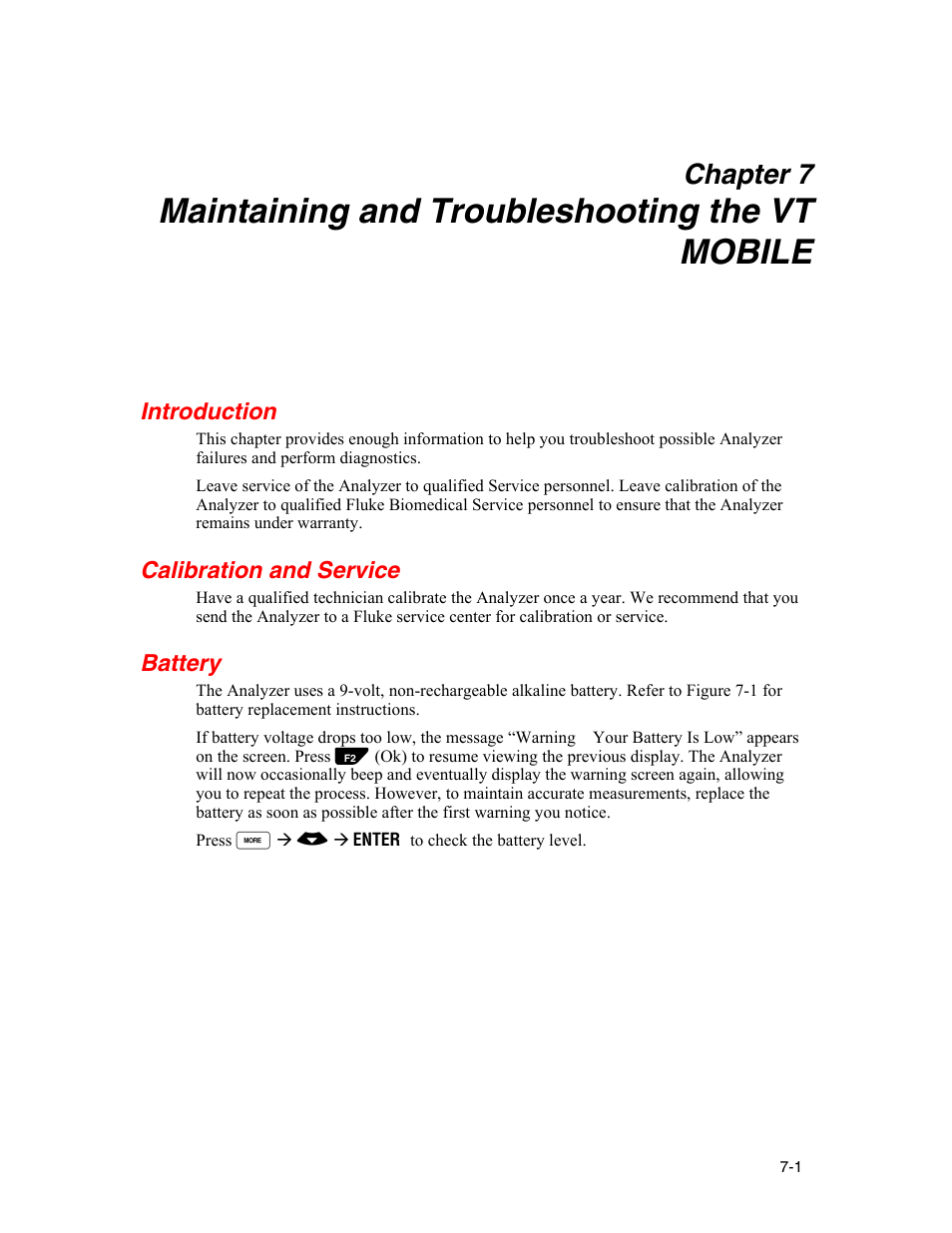 Maintaining and troubleshooting the vt mobile, Introduction, Calibration and service | Battery, Chapter 7 | Fluke Biomedical VT Mobile User Manual | Page 61 / 104