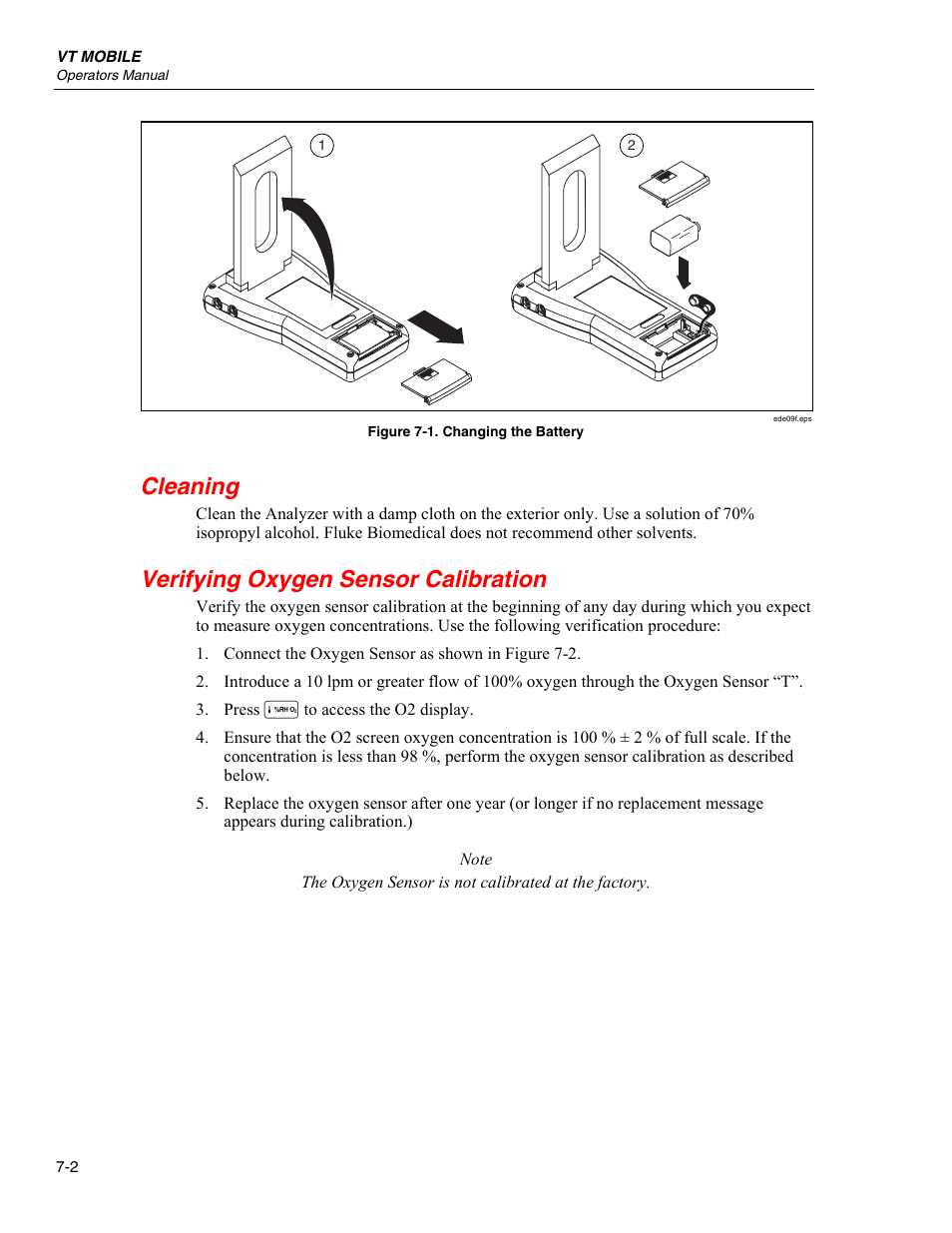 Cleaning, Verifying oxygen sensor calibration | Fluke Biomedical VT Mobile User Manual | Page 62 / 104