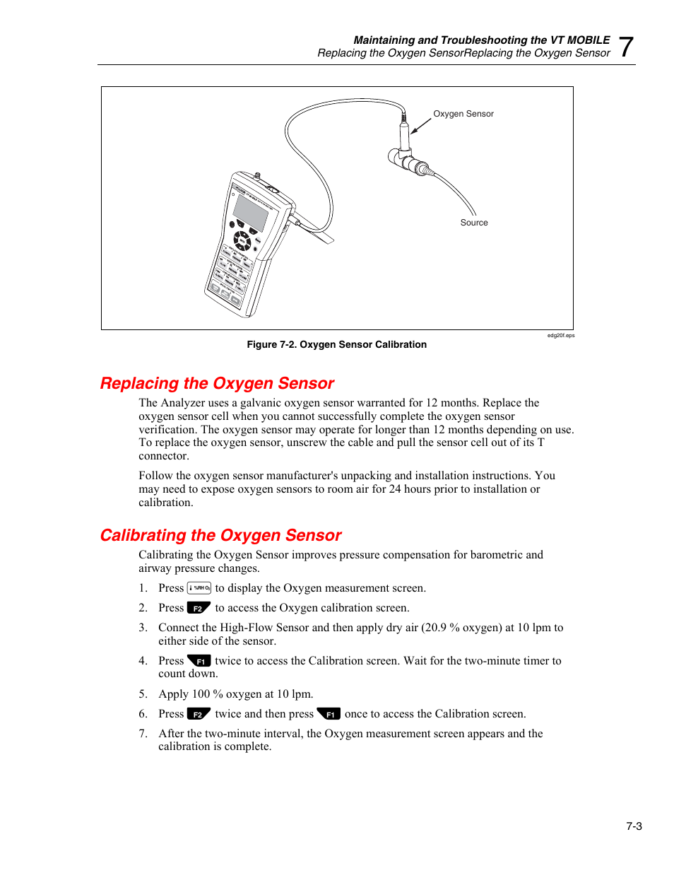 Replacing the oxygen sensor, Calibrating the oxygen sensor | Fluke Biomedical VT Mobile User Manual | Page 63 / 104