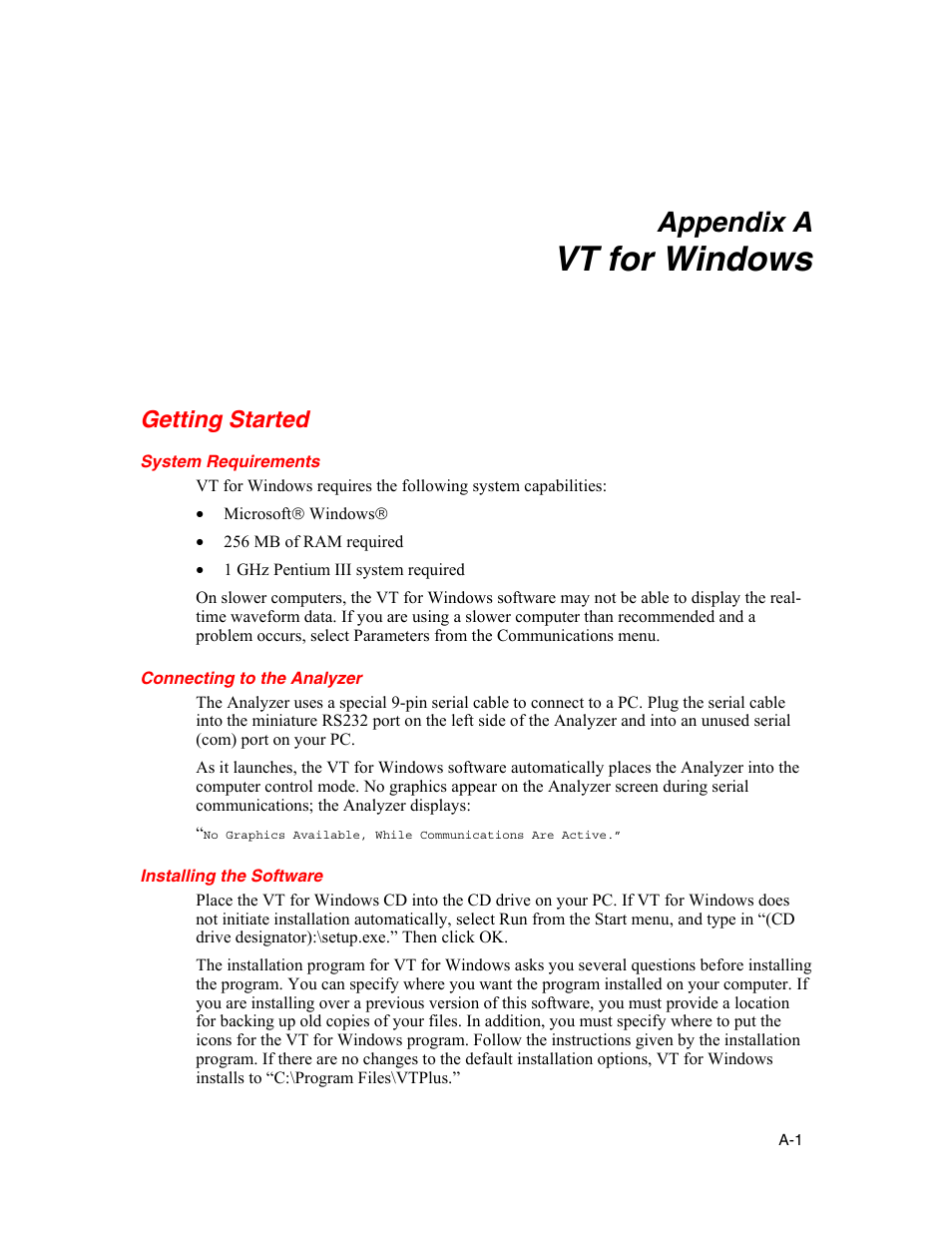 Appendices, A. vt for windows, Getting started | System requirements, Connecting to the analyzer, Installing the software, Vt for windows, Appendix a | Fluke Biomedical VT Mobile User Manual | Page 67 / 104