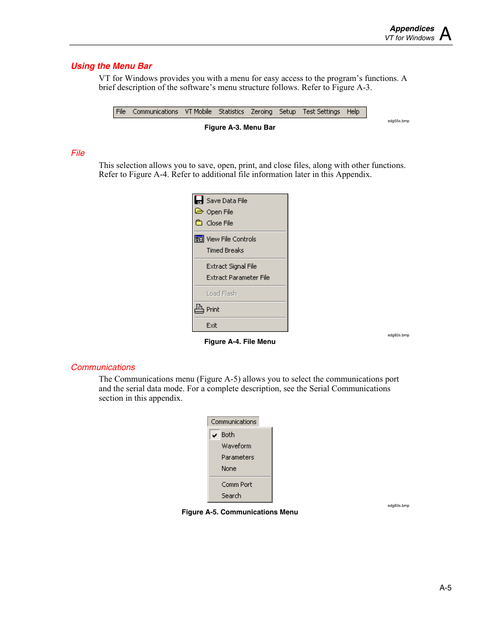 Using the menu bar, File, Communications | Fluke Biomedical VT Mobile User Manual | Page 71 / 104