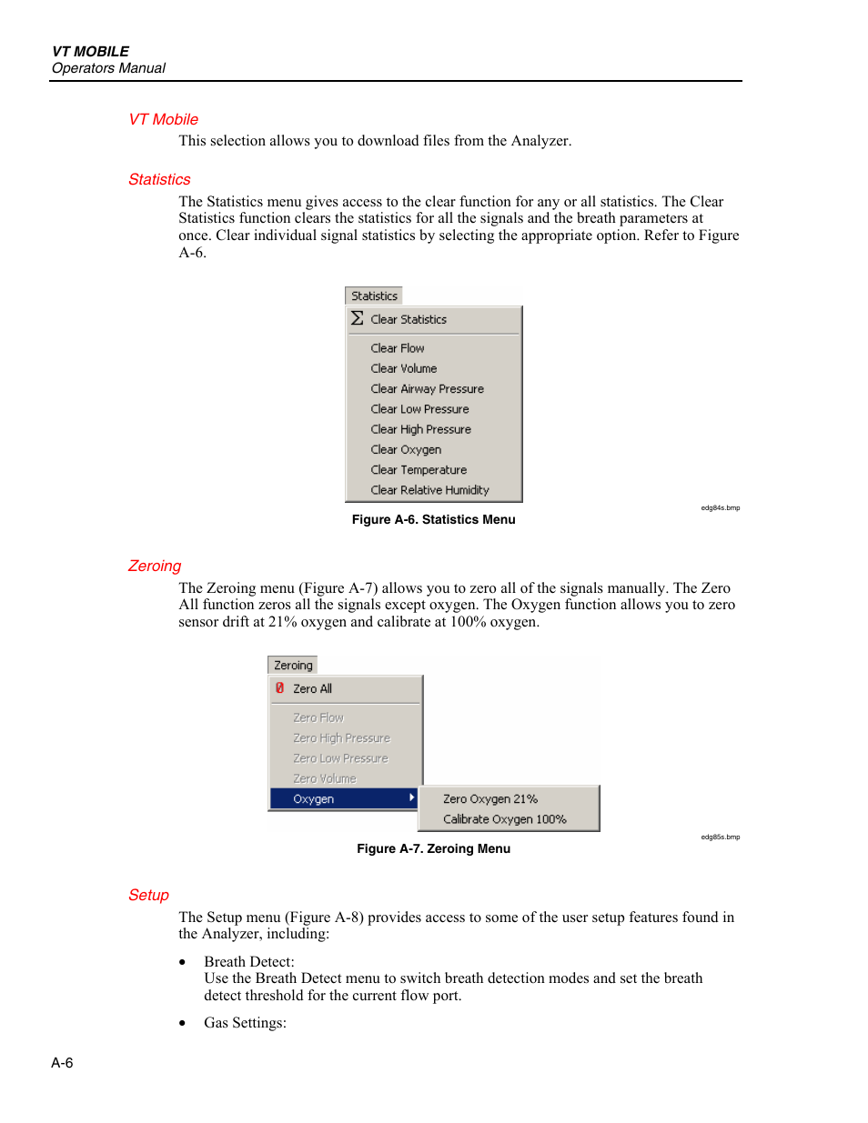 Vt mobile, Statistics, Zeroing | Setup | Fluke Biomedical VT Mobile User Manual | Page 72 / 104