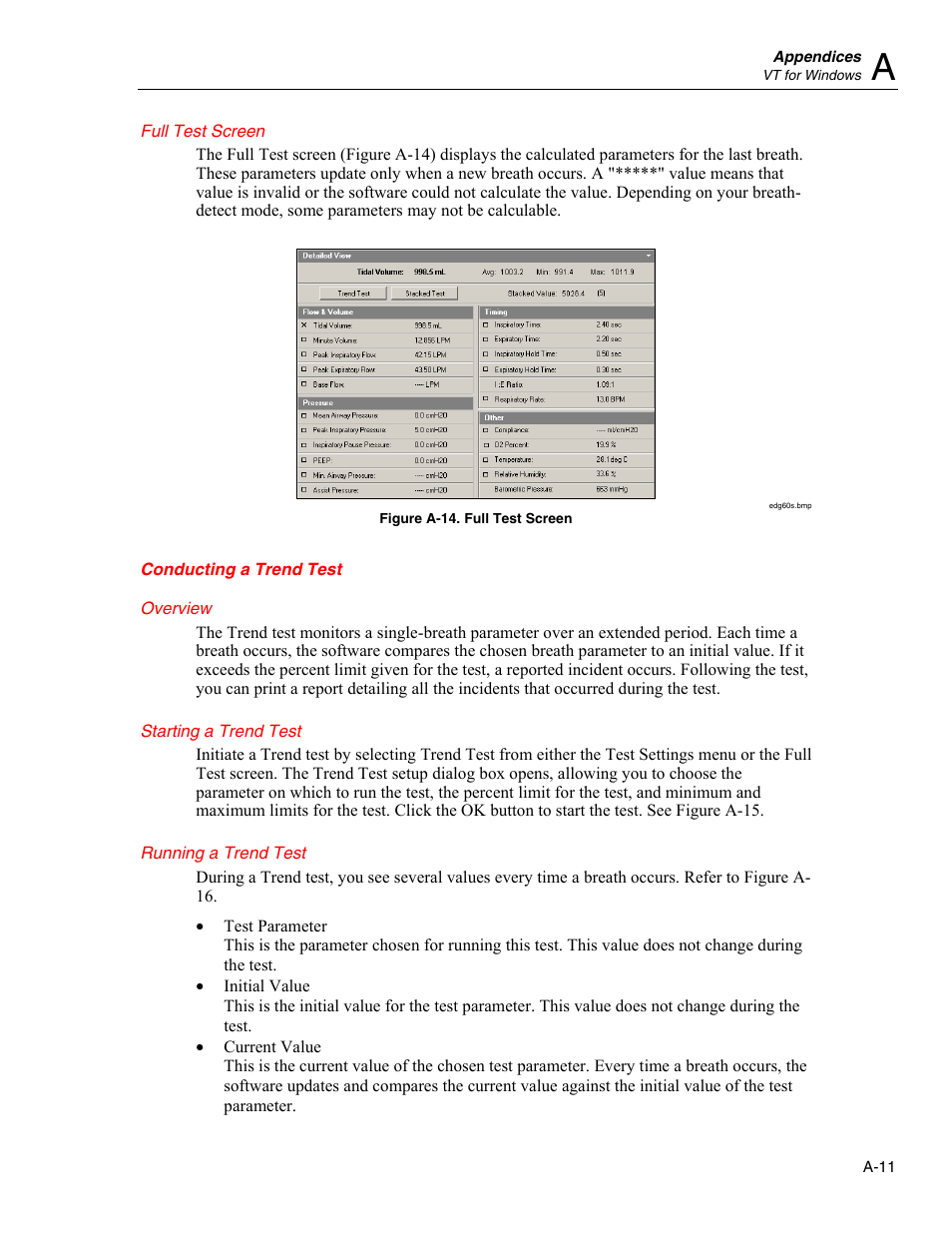 Full test screen, Conducting a trend test, Overview | Starting a trend test, Running a trend test | Fluke Biomedical VT Mobile User Manual | Page 77 / 104