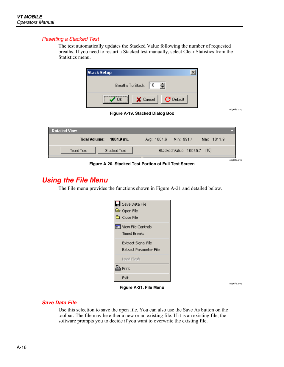 Resetting a stacked test, Using the file menu, Save data file | Fluke Biomedical VT Mobile User Manual | Page 82 / 104