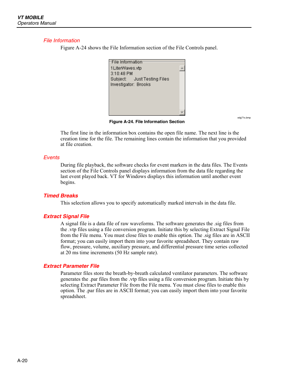 File information, Events, Timed breaks | Extract signal file, Extract parameter file | Fluke Biomedical VT Mobile User Manual | Page 86 / 104