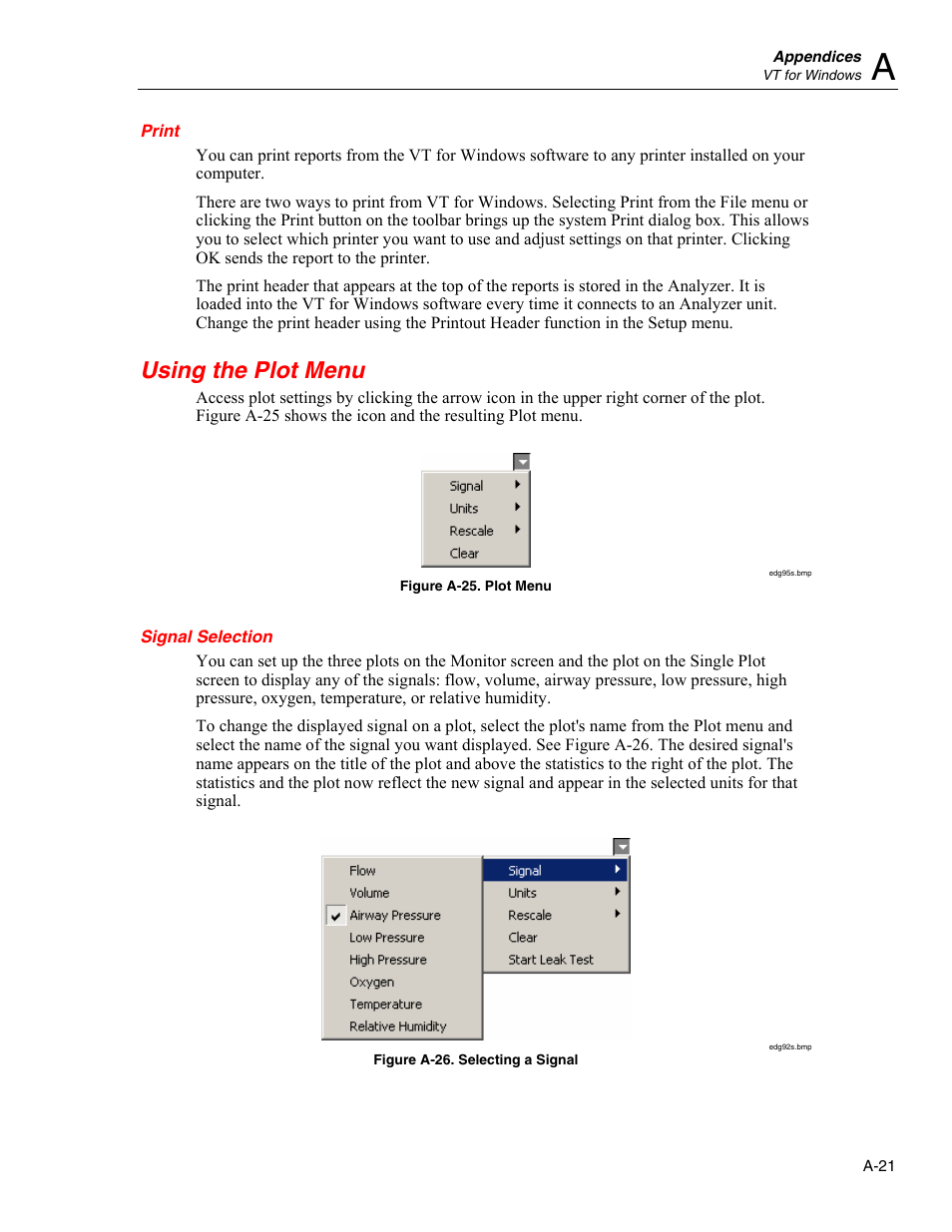 Print, Using the plot menu, Signal selection | Fluke Biomedical VT Mobile User Manual | Page 87 / 104