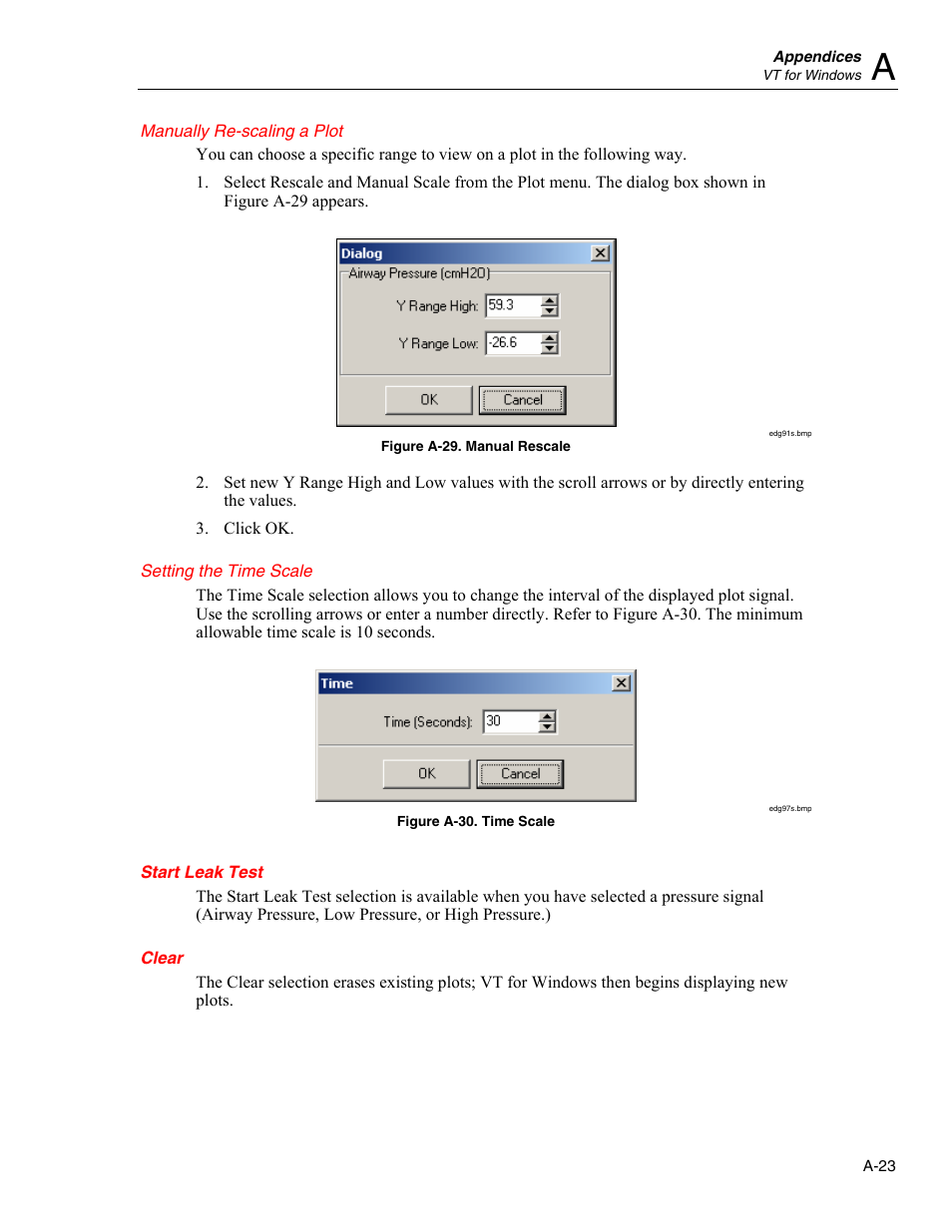 Manually re-scaling a plot, Setting the time scale, Start leak test | Clear | Fluke Biomedical VT Mobile User Manual | Page 89 / 104