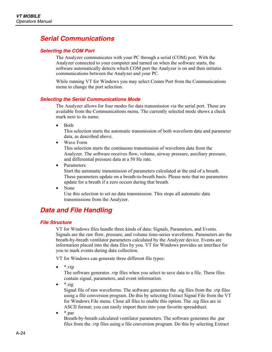 Serial communications, Selecting the com port, Selecting the serial communications mode | Data and file handling, File structure | Fluke Biomedical VT Mobile User Manual | Page 90 / 104