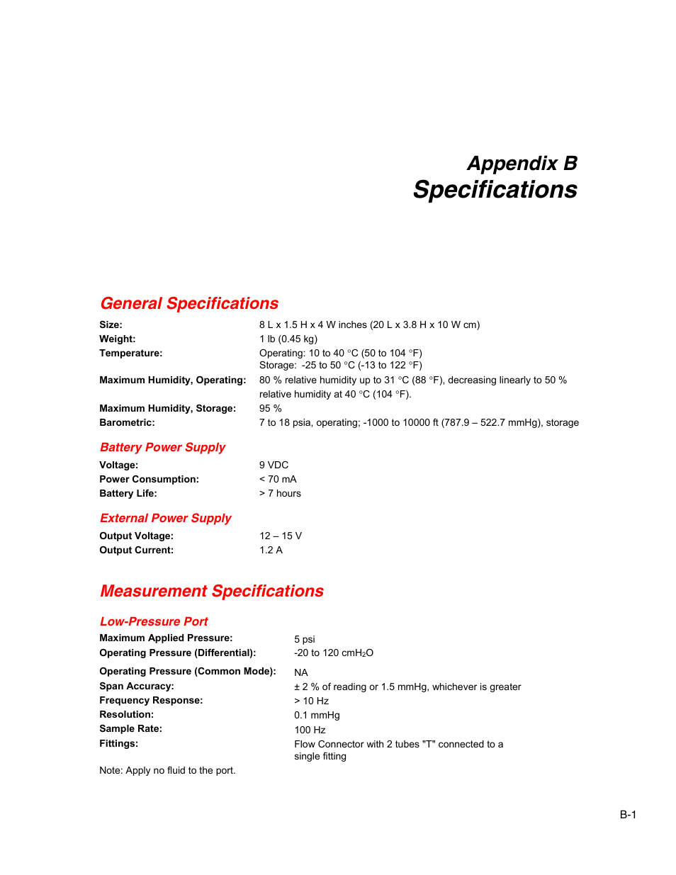 B. specifications, General specifications, Battery power supply | External power supply, Measurement specifications, Low-pressure port, Specifications, Appendix b | Fluke Biomedical VT Mobile User Manual | Page 99 / 104