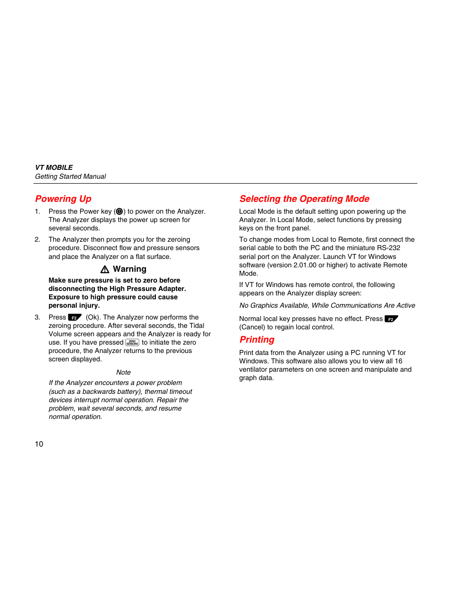 Powering up, Selecting the operating mode, Printing | Fluke Biomedical VT Mobile Getting Started User Manual | Page 20 / 44