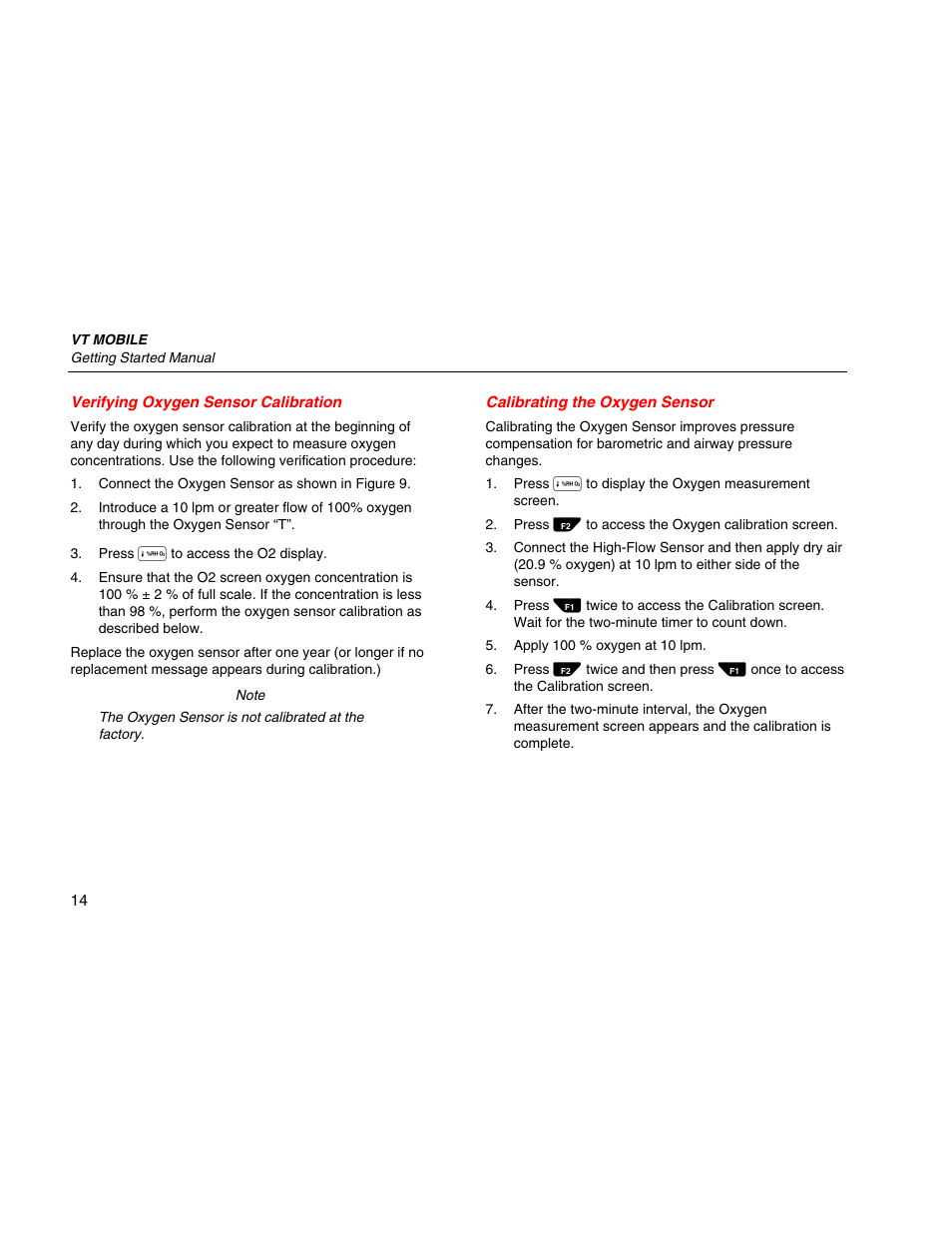 Verifying oxygen sensor calibration, Calibrating the oxygen sensor | Fluke Biomedical VT Mobile Getting Started User Manual | Page 24 / 44