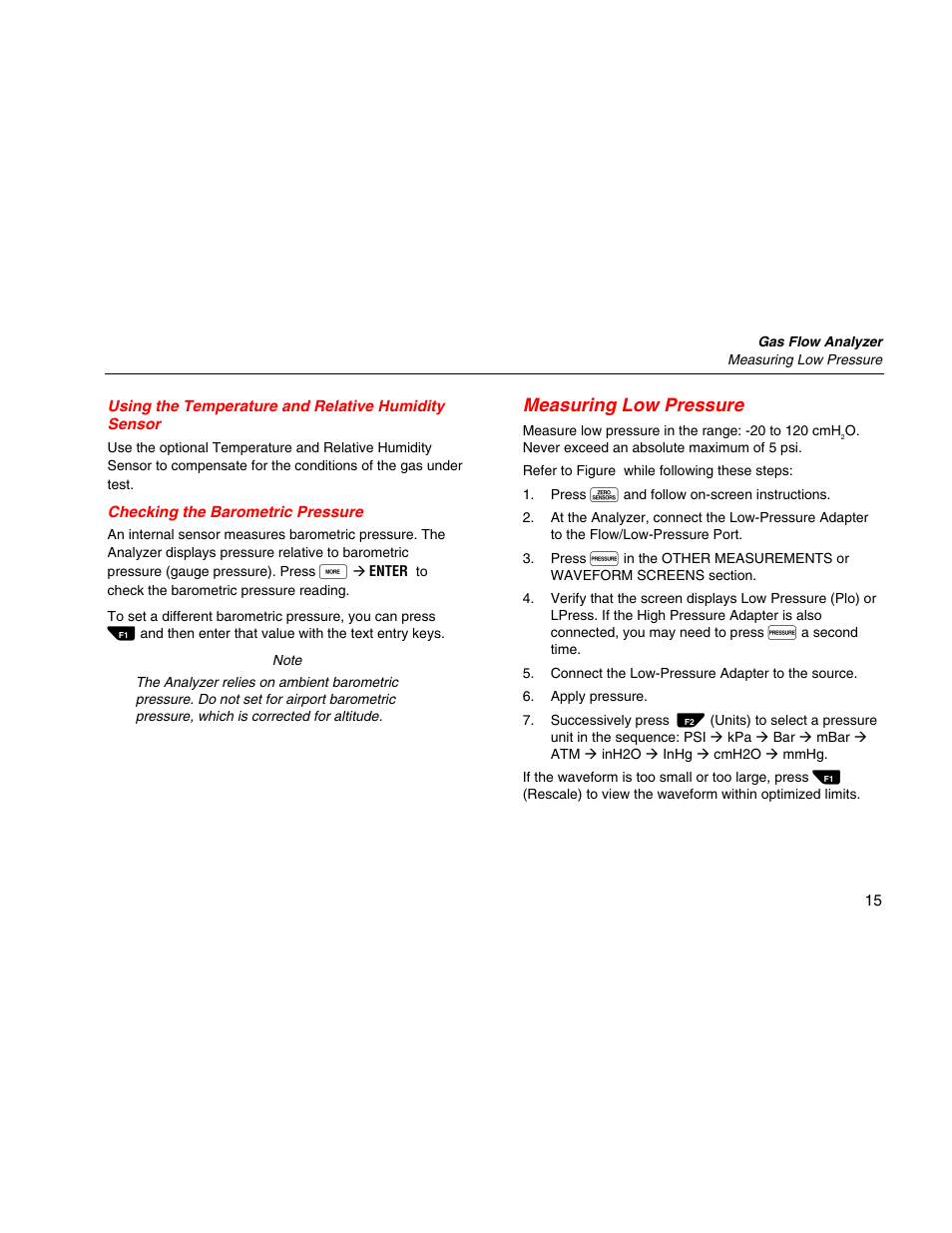 Using the temperature and relative humidity sensor, Checking the barometric pressure, Measuring low pressure | Fluke Biomedical VT Mobile Getting Started User Manual | Page 25 / 44