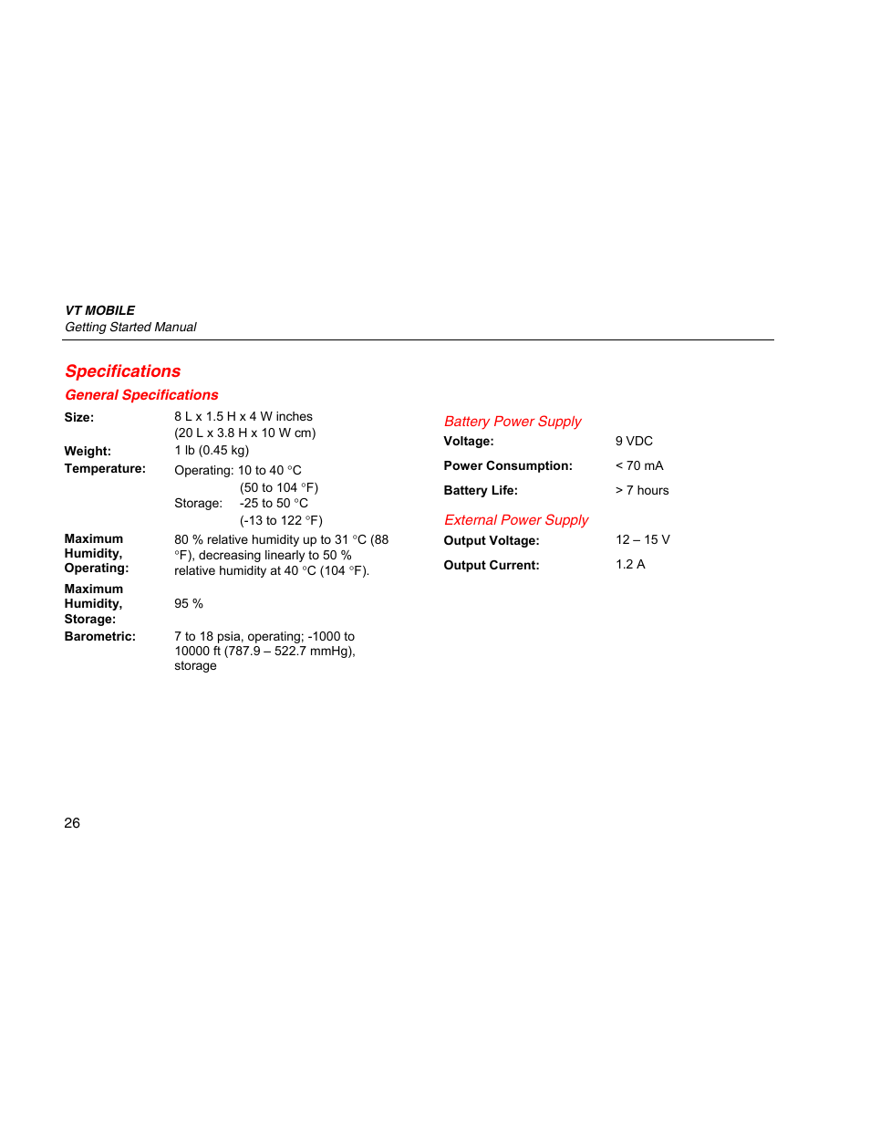 Specifications, General specifications, Battery power supply | External power supply | Fluke Biomedical VT Mobile Getting Started User Manual | Page 36 / 44