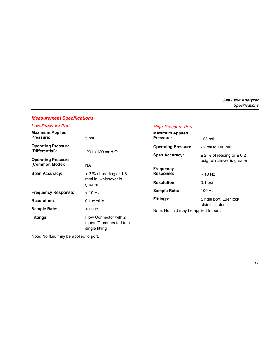 Measurement specifications, Low-pressure port, High-pressure port | Fluke Biomedical VT Mobile Getting Started User Manual | Page 37 / 44