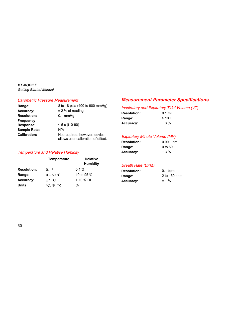 Barometric pressure measurement, Temperature and relative humidity, Measurement parameter specifications | Inspiratory and expiratory tidal volume (vt), Expiratory minute volume (mv), Breath rate (bpm) | Fluke Biomedical VT Mobile Getting Started User Manual | Page 40 / 44