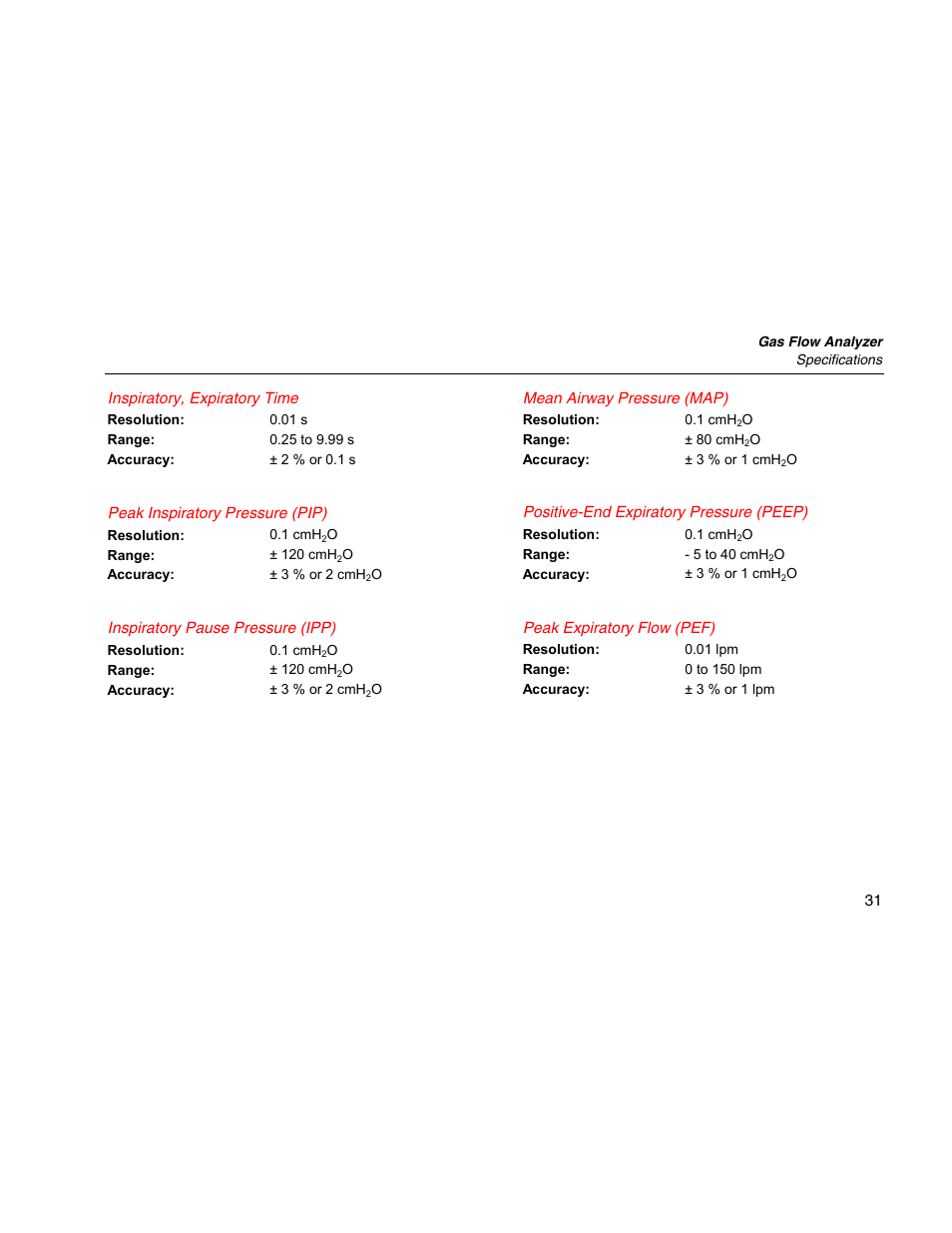 Inspiratory, expiratory time, Peak inspiratory pressure (pip), Inspiratory pause pressure (ipp) | Mean airway pressure (map), Positive-end expiratory pressure (peep), Peak expiratory flow (pef) | Fluke Biomedical VT Mobile Getting Started User Manual | Page 41 / 44