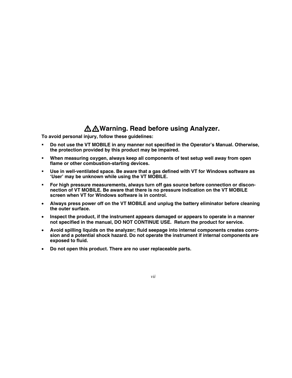 Wx warning. read before using analyzer | Fluke Biomedical VT Mobile Getting Started User Manual | Page 9 / 44