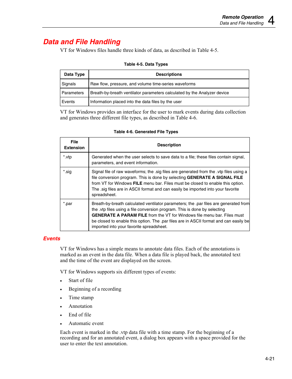 Data and file handling, Events | Fluke Biomedical VT Plus HF User Manual | Page 105 / 142