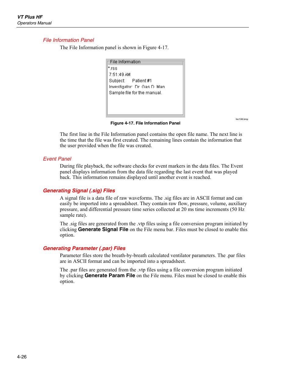 File information panel, Event panel, Generating signal (.sig) files | Generating parameter (.par) files | Fluke Biomedical VT Plus HF User Manual | Page 110 / 142