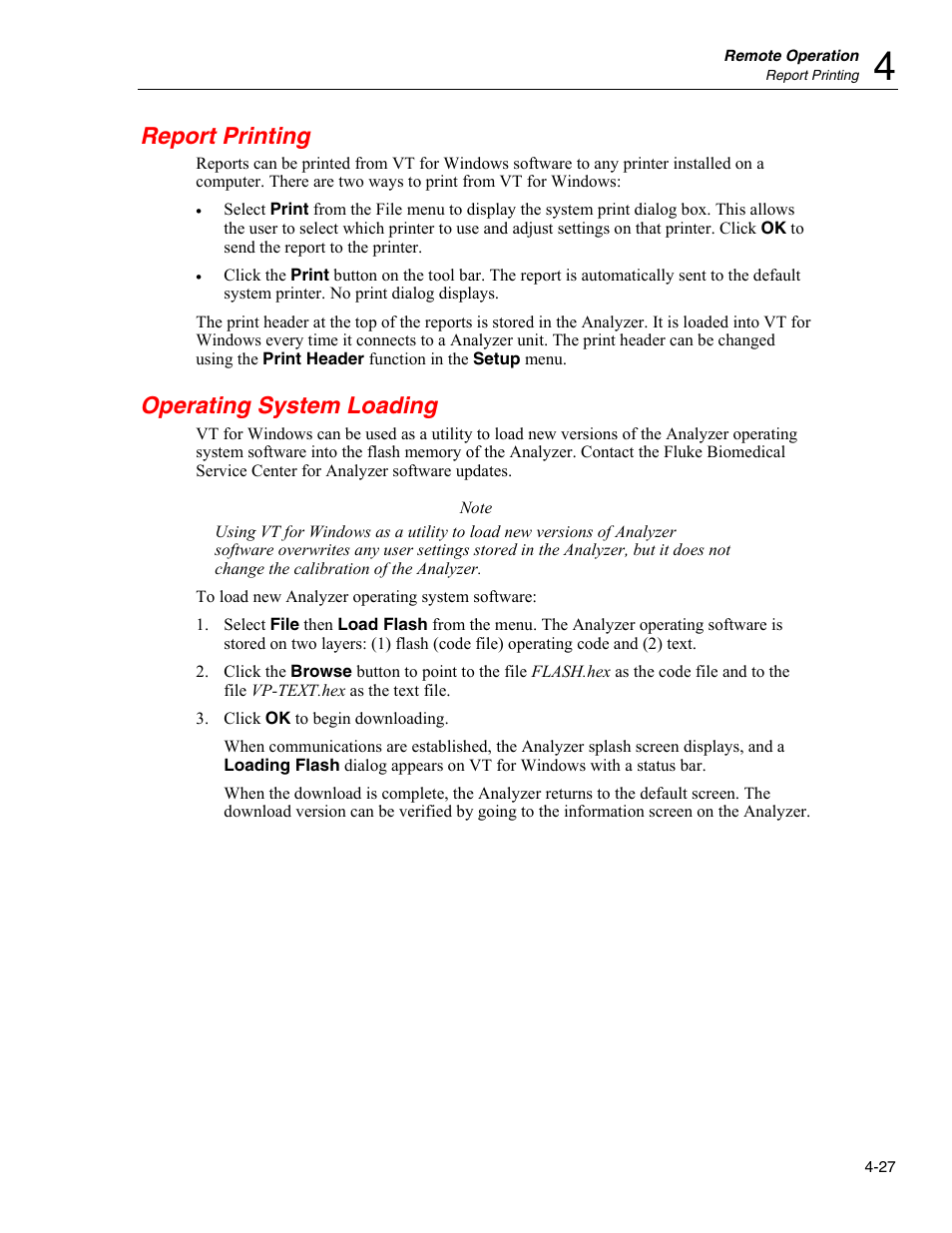 Report printing, Operating system loading | Fluke Biomedical VT Plus HF User Manual | Page 111 / 142