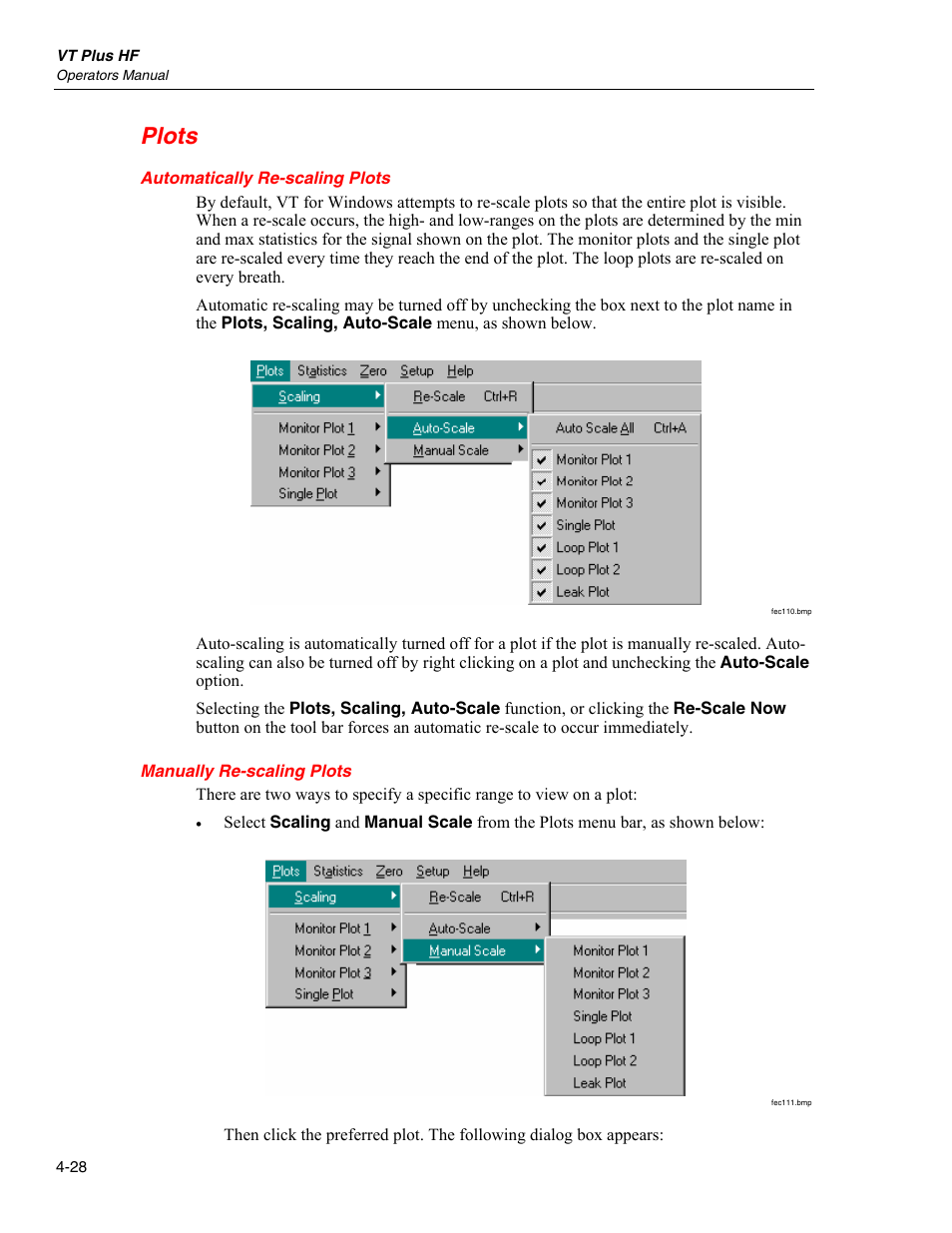 Plots, Automatically re-scaling plots, Manually re-scaling plots | Fluke Biomedical VT Plus HF User Manual | Page 112 / 142