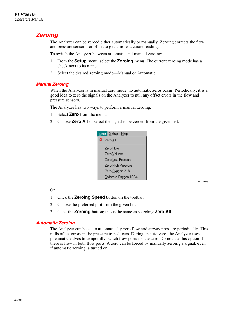 Zeroing, Manual zeroing, Automatic zeroing | Fluke Biomedical VT Plus HF User Manual | Page 114 / 142