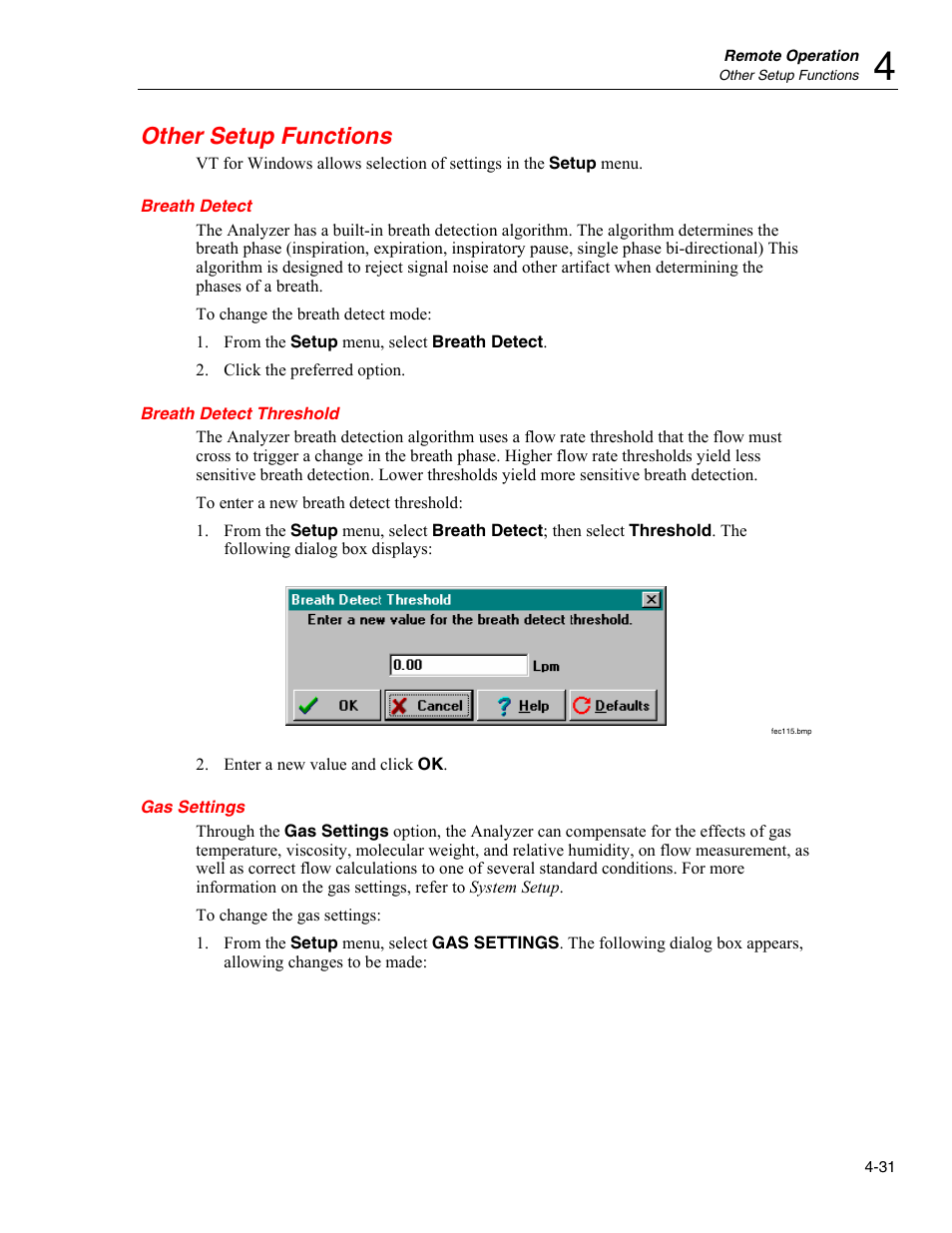 Other setup functions, Breath detect, Breath detect threshold | Gas settings | Fluke Biomedical VT Plus HF User Manual | Page 115 / 142